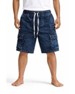Blue Acid Wash Denim Cargo Shorts with Drawstring