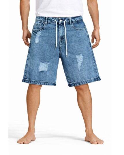 Distressed Light Blue Acid Wash Denim Shorts