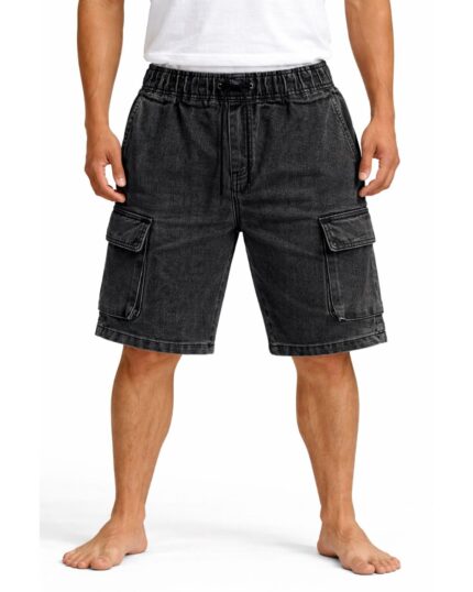 Washed Black Denim Cargo Shorts