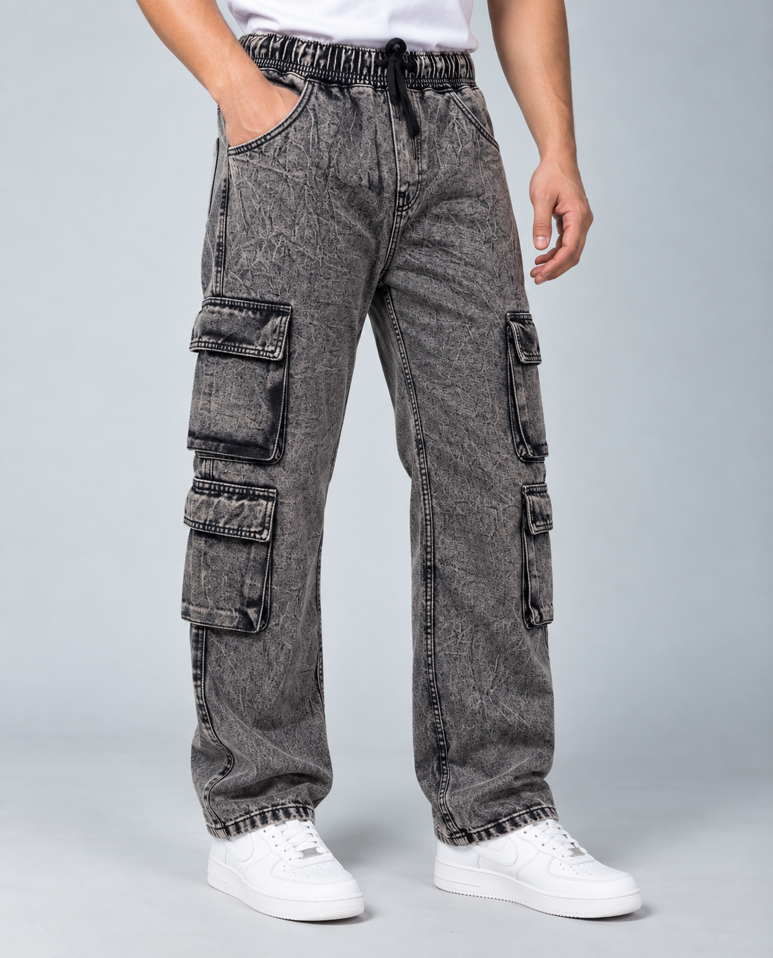 8-Pocket Black Acid Wash Cargo Denim - Image 2