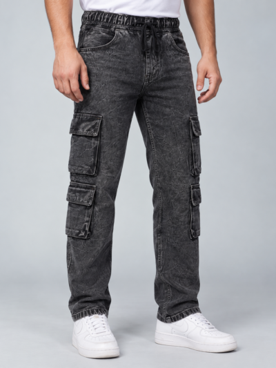 8-Pocket Black Acid Wash Cargo Denim