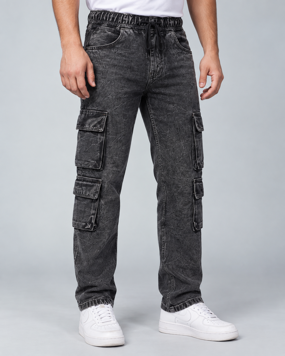 8-Pocket Black Acid Wash Cargo Denim