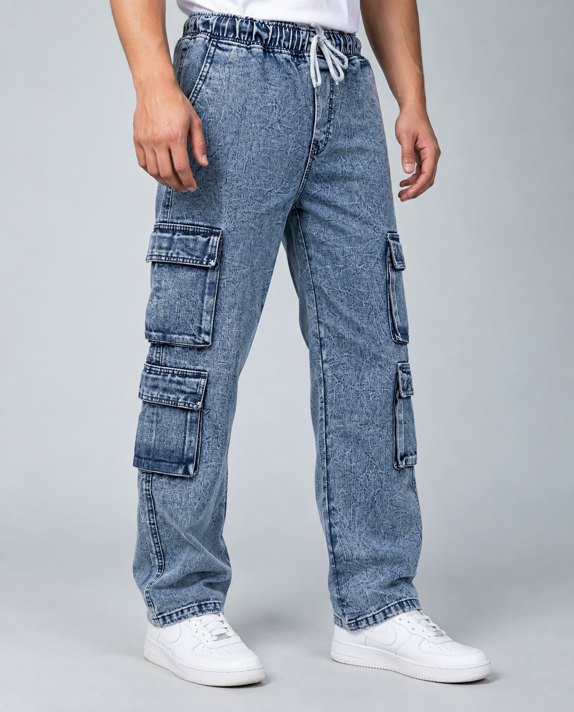 8-Pocket Blue Acid Wash Cargo Denim - Image 2