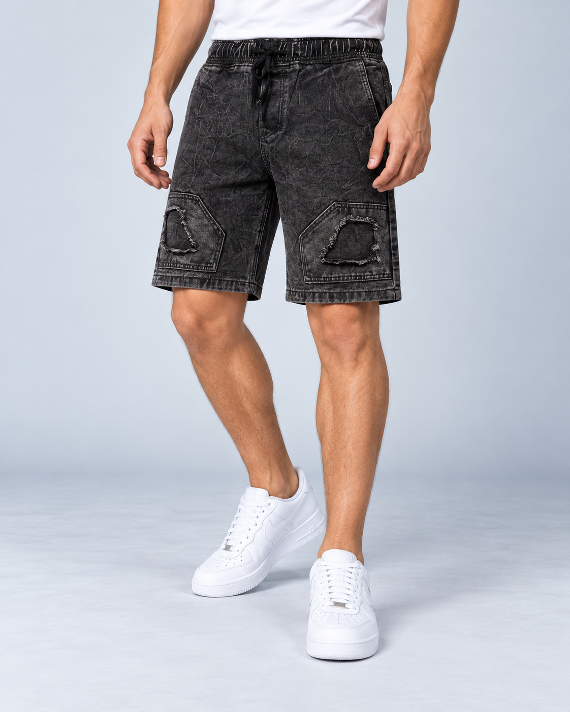 Distressed Black Acid Wash Denim Shorts