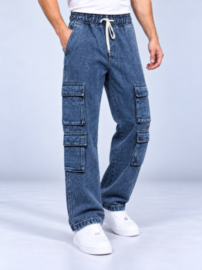 8-Pocket Blue Acid Wash Cargo Denim