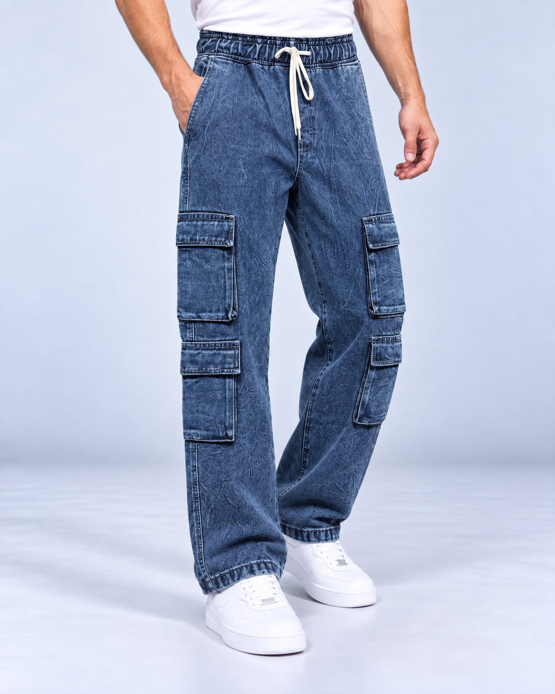 8-Pocket Blue Acid Wash Cargo Denim