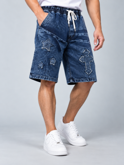 Cross & Star Patch Blue Acid Wash Denim Shorts