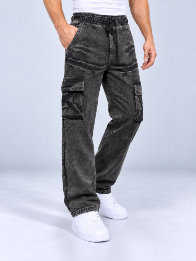 Utility Pocket Black Acid Wash Cargo Denim
