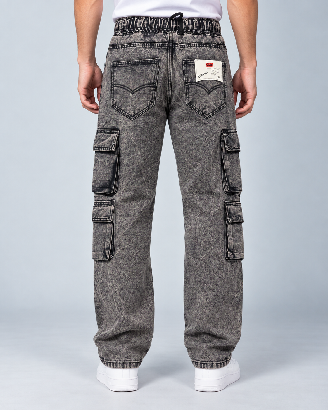 8-Pocket Black Acid Wash Cargo Denim - Image 3