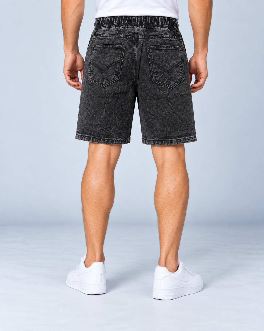 Distressed Black Acid Wash Denim Shorts - Image 3