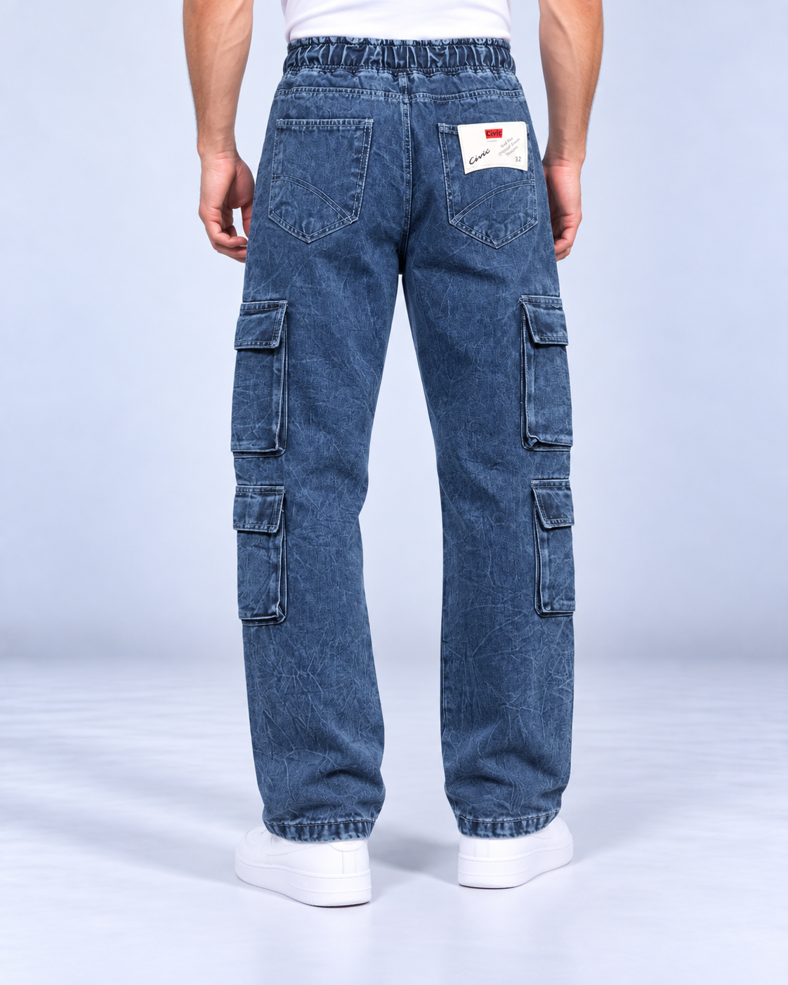 8-Pocket Blue Acid Wash Cargo Denim - Image 3