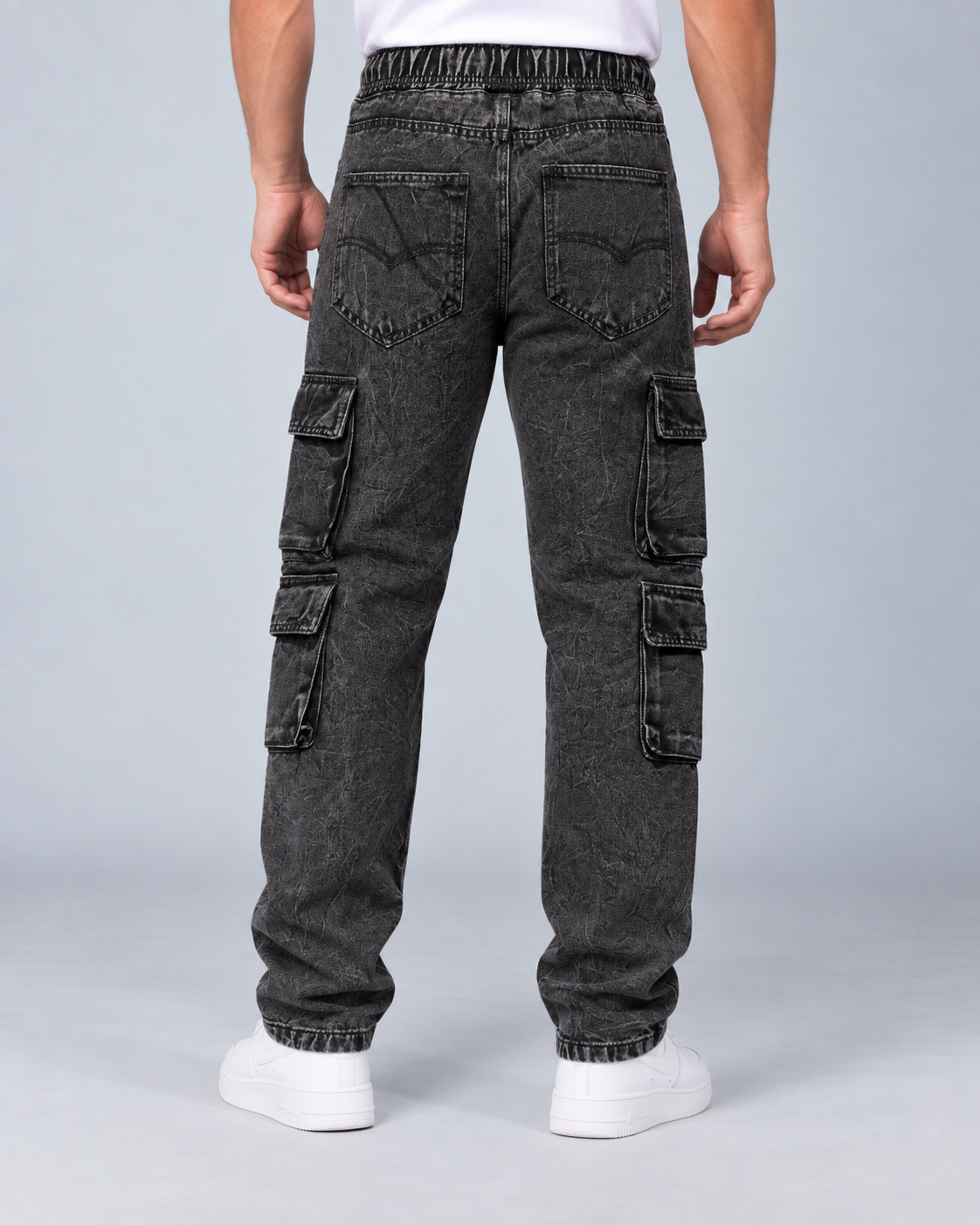 8-Pocket Black Acid Wash Cargo Denim - Image 4