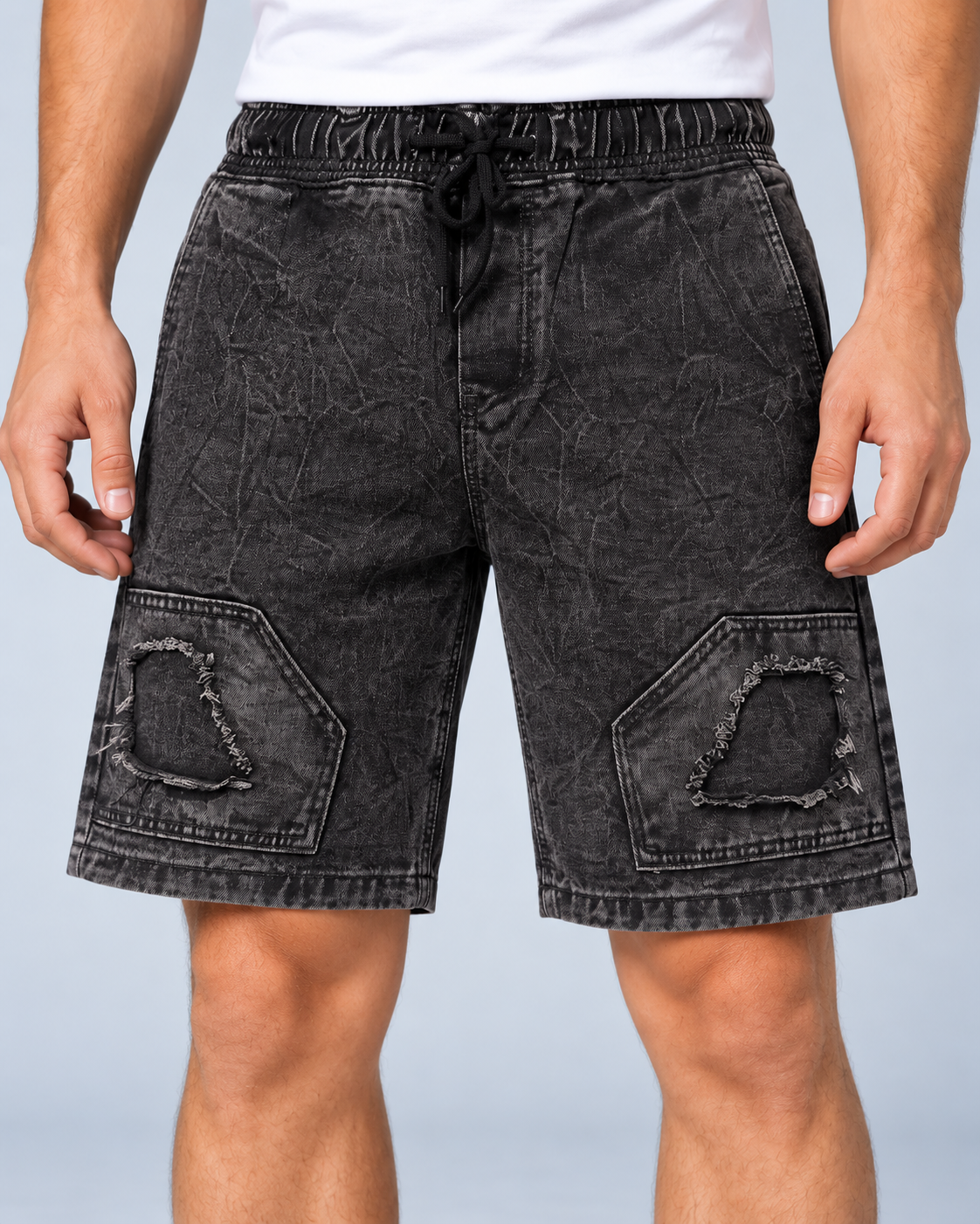 Distressed Black Acid Wash Denim Shorts - Image 2